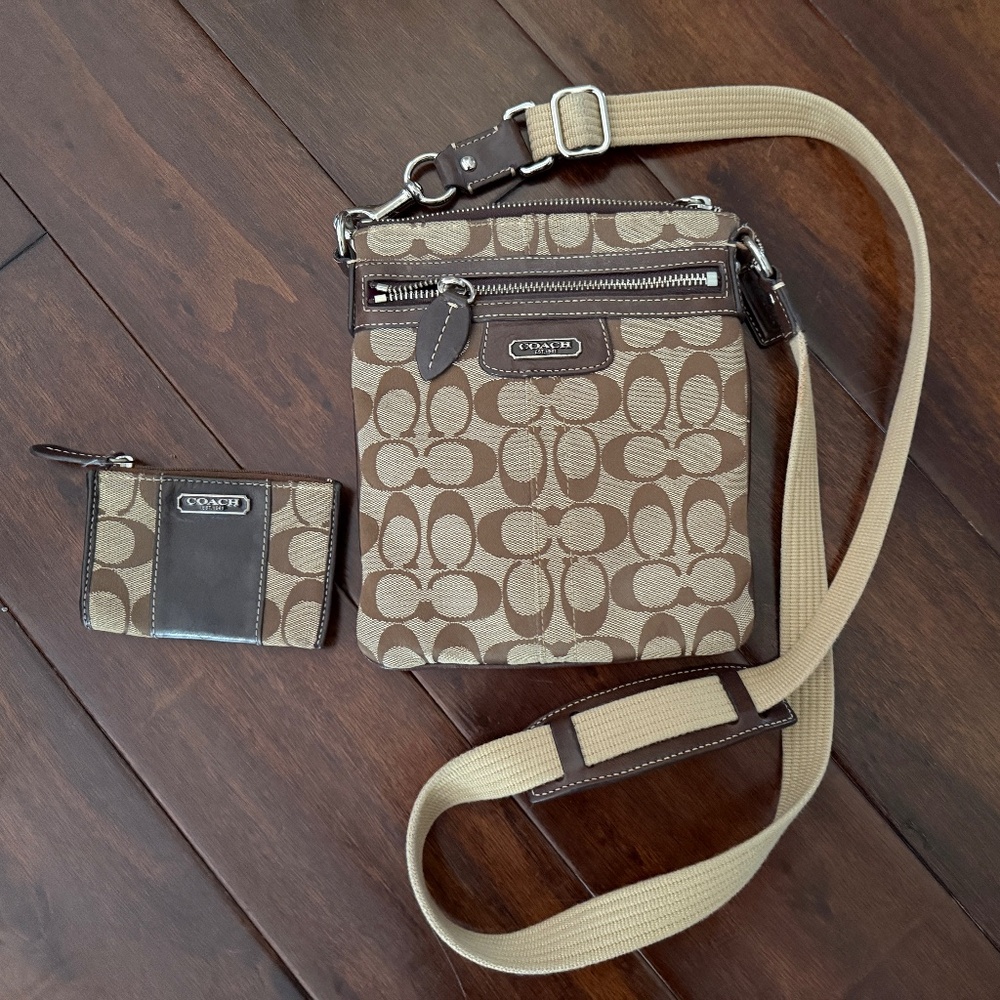 Coach brown crossbody with matching coin purse/key chain